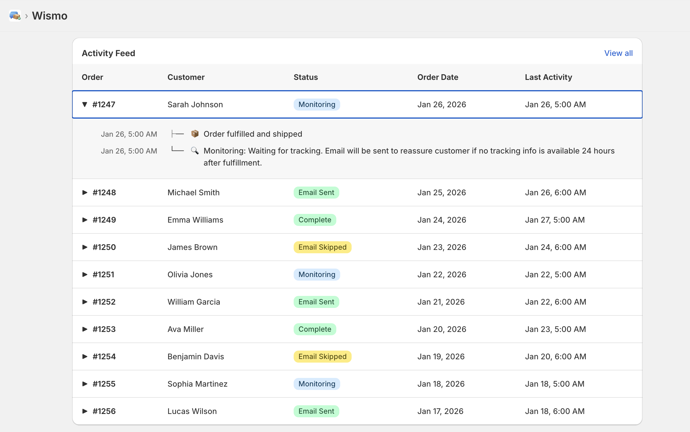 Wismo live activity feed
