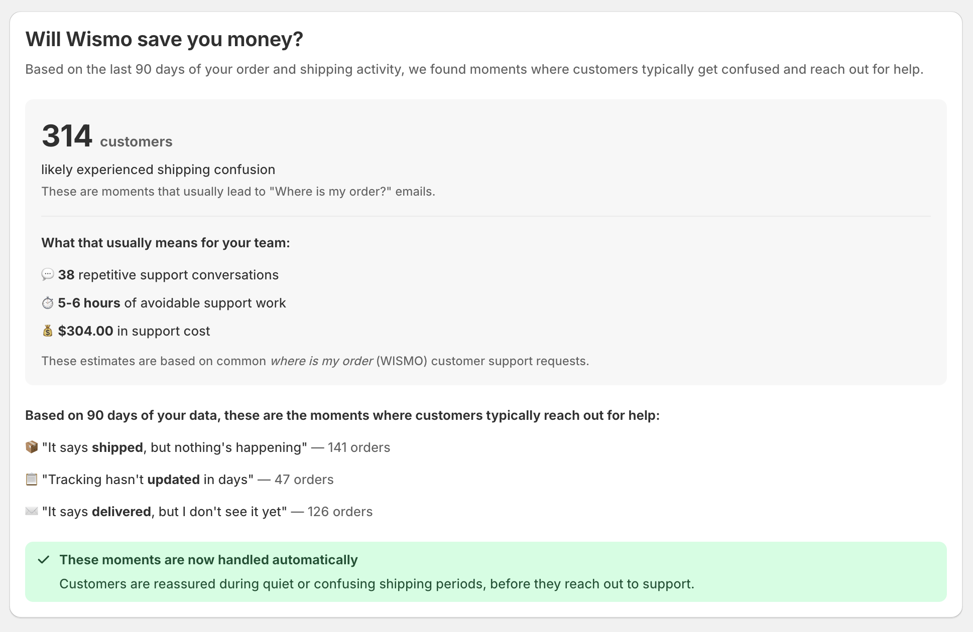 Wismo dashboard showing savings analysis